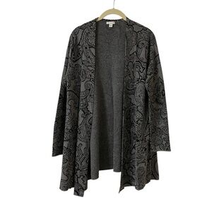 J Jill Gray Black Paisley Cardigan Small Open Front Long Line Long Sleeves